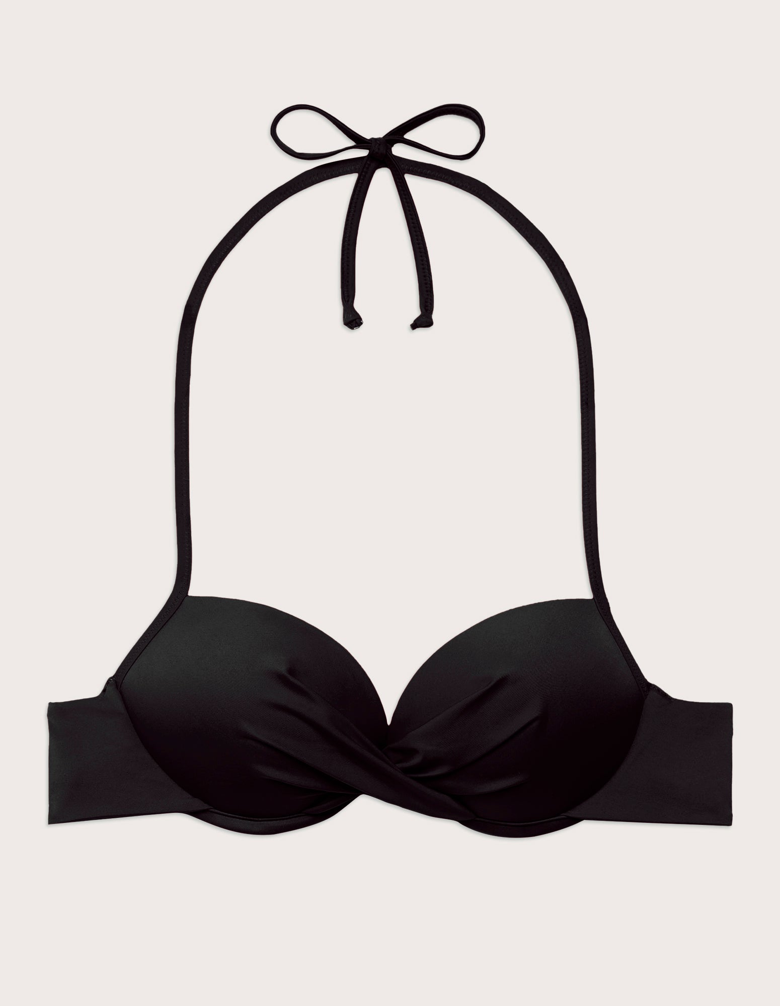 Push-up of the black swimsuit with underwire and bow at the neck